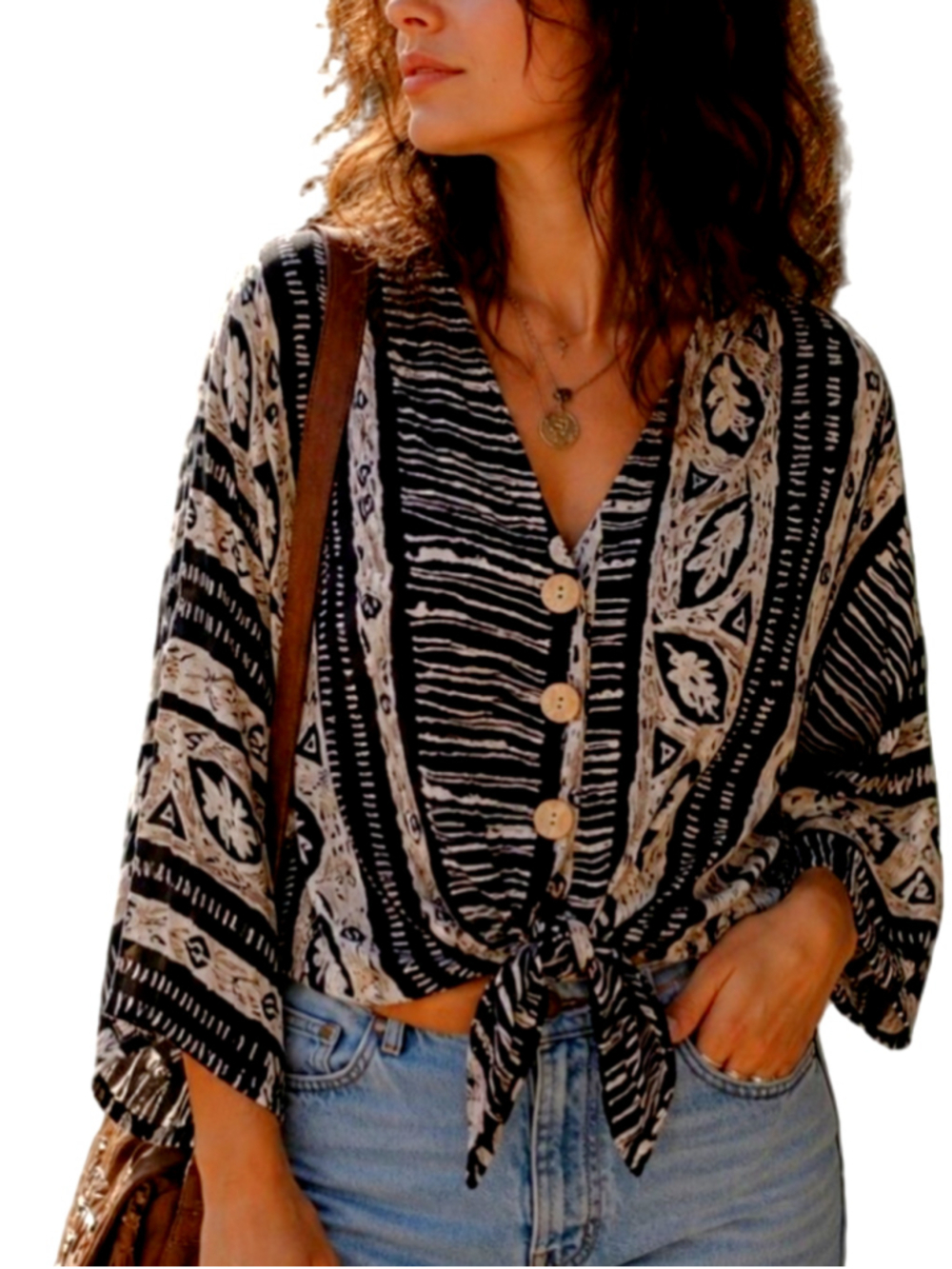 Sharon Anthony Vintage Tribal Print Crop Top - Tie Front 90s Boho M